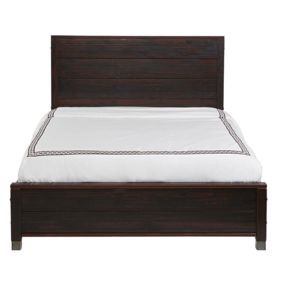 Full-size farmhouse bed in walnut brown finish, made from solid pine with distressed details, featuring a rectangular headboard, footboard, and slatted platform support.