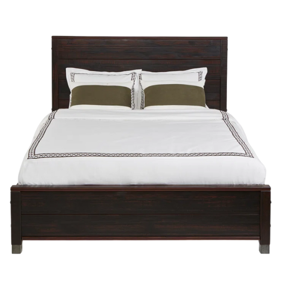 Full-size farmhouse bed in walnut brown finish, made from solid pine with distressed details, featuring a rectangular headboard, footboard, and slatted platform support.
