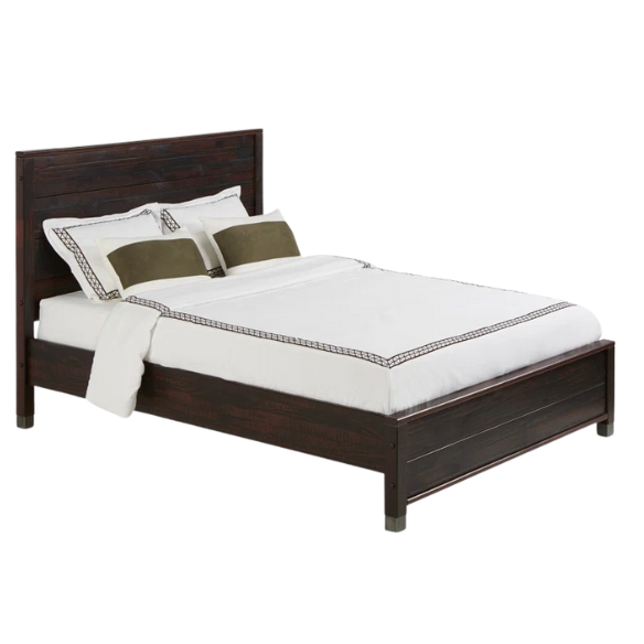 Full-size farmhouse bed in walnut brown finish, made from solid pine with distressed details, featuring a rectangular headboard, footboard, and slatted platform support.