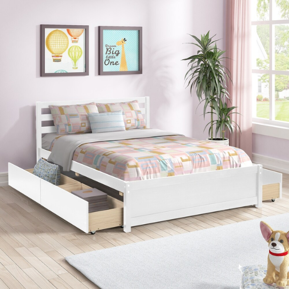 Full size white wooden platform bed frame with headboard and four underbed storage drawers, modern design for bedroom organization.