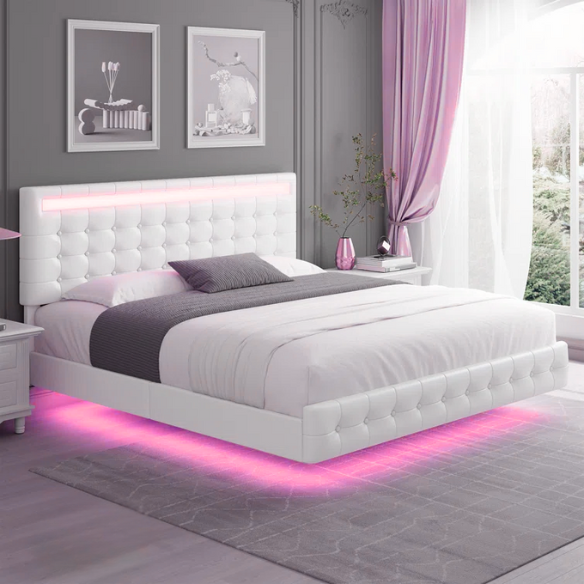 Full-size white faux leather platform bed with tufted lighted headboard and floating design