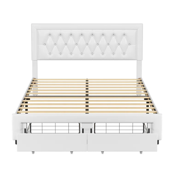 Full-size white PU leather platform bed with tufted headboard and two storage drawers