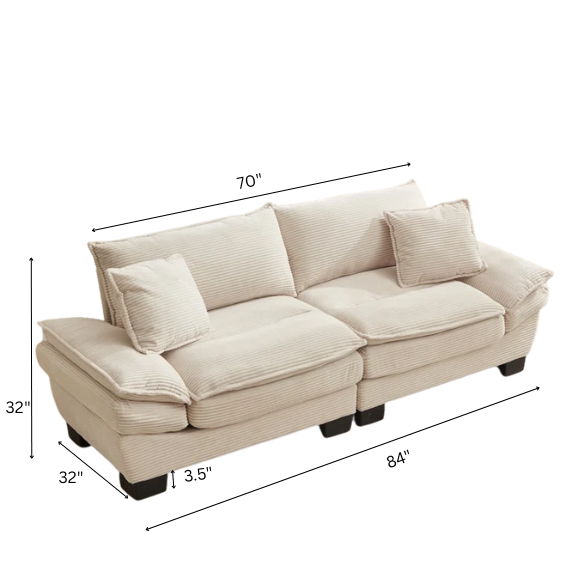 84-inch beige corduroy loveseat with striped upholstery, pillow-top arms, and two accent pillows—modern, low-profile design for living rooms or small spaces.