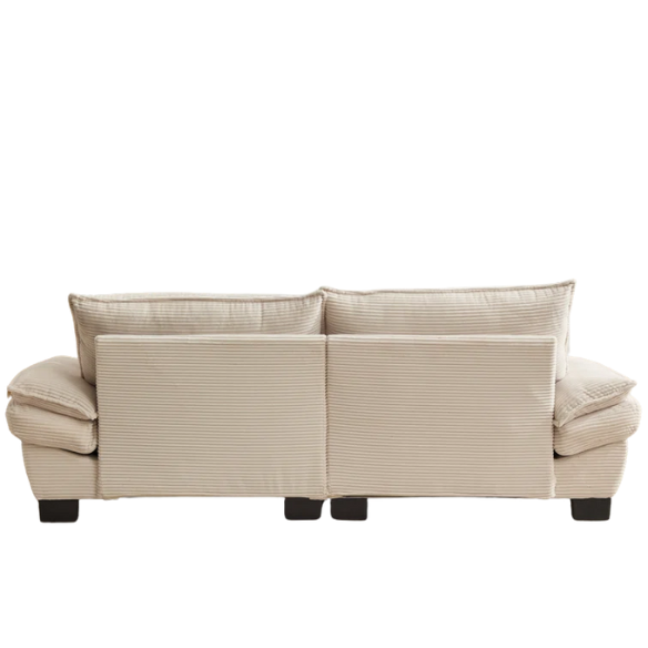 84-inch beige corduroy loveseat with striped upholstery, pillow-top arms, and two accent pillows—modern, low-profile design for living rooms or small spaces.
