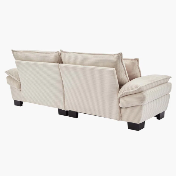 84-inch beige corduroy loveseat with striped upholstery, pillow-top arms, and two accent pillows—modern, low-profile design for living rooms or small spaces.