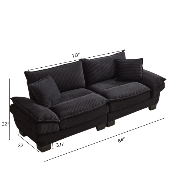 84-inch black corduroy loveseat with striped upholstery, pillow-top arms, and two accent pillows—modern, low-profile design ideal for contemporary living rooms or compact spaces.