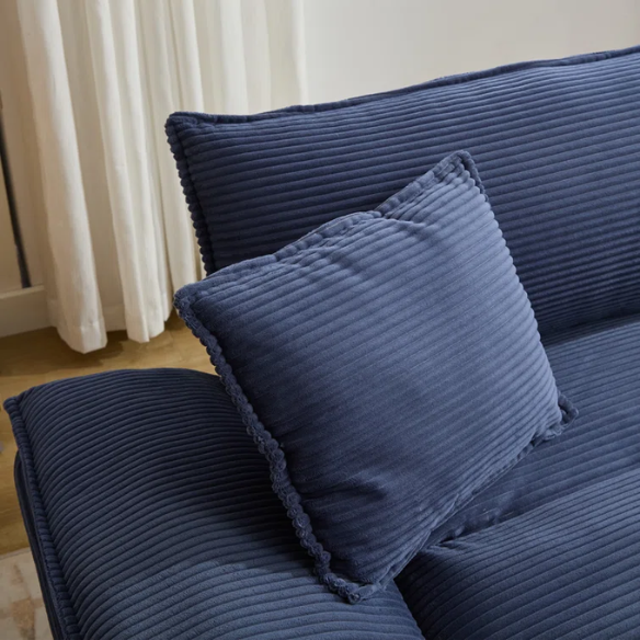 84-inch blue corduroy loveseat with striped upholstery, pillow-top arms, and two accent pillows—modern, low-profile design ideal for stylish living rooms or small spaces.