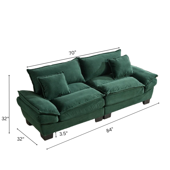 84-inch dark green corduroy loveseat with striped upholstery, pillow-top arms, and two accent pillows—modern, low-profile design ideal for stylish living rooms, offices, or apartments.