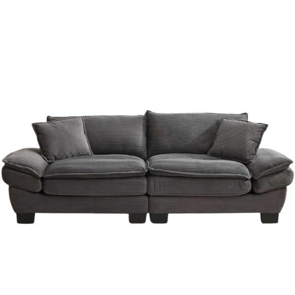 84-inch grey corduroy loveseat with striped upholstery, pillow-top arms, and two accent pillows—modern, low-profile design ideal for living rooms, apartments, or home offices.