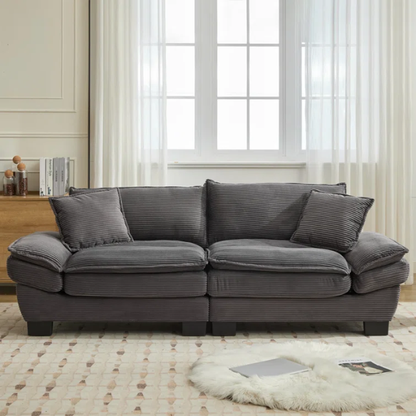 84-inch grey corduroy loveseat with striped upholstery, pillow-top arms, and two accent pillows—modern, low-profile design ideal for living rooms, apartments, or home offices.