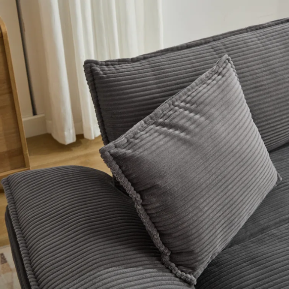 84-inch grey corduroy loveseat with striped upholstery, pillow-top arms, and two accent pillows—modern, low-profile design ideal for living rooms, apartments, or home offices.