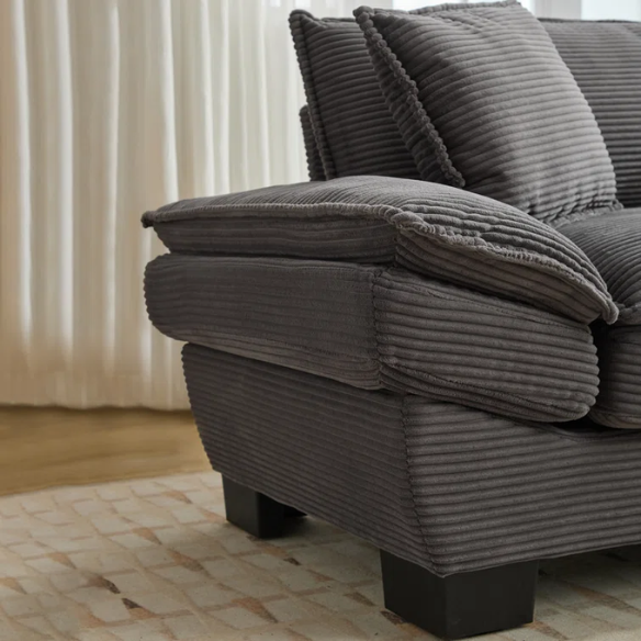 84-inch grey corduroy loveseat with striped upholstery, pillow-top arms, and two accent pillows—modern, low-profile design ideal for living rooms, apartments, or home offices.