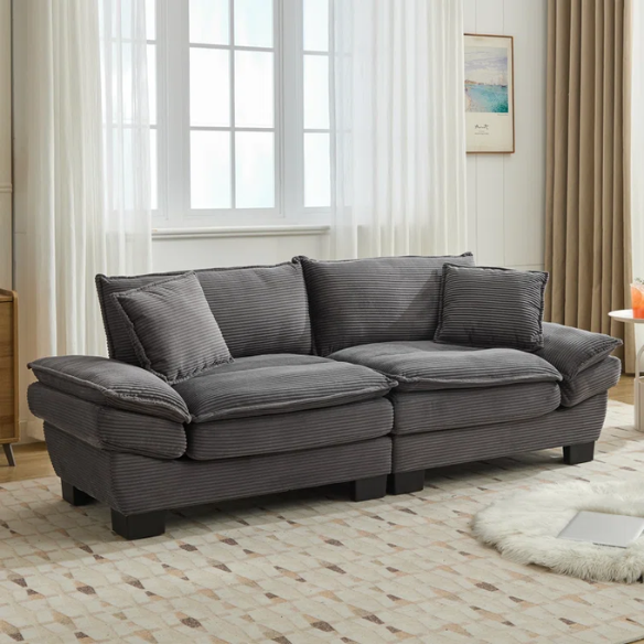 84-inch grey corduroy loveseat with striped upholstery, pillow-top arms, and two accent pillows—modern, low-profile design ideal for living rooms, apartments, or home offices.
