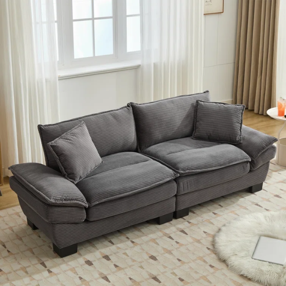 84-inch grey corduroy loveseat with striped upholstery, pillow-top arms, and two accent pillows—modern, low-profile design ideal for living rooms, apartments, or home offices.