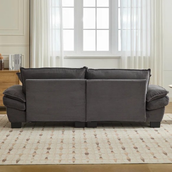 84-inch grey corduroy loveseat with striped upholstery, pillow-top arms, and two accent pillows—modern, low-profile design ideal for living rooms, apartments, or home offices.