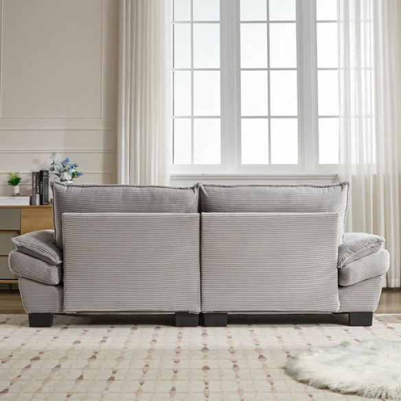 84-inch light grey corduroy loveseat with striped upholstery, pillow-top arms, and two accent pillows—modern, neutral-toned sofa ideal for living rooms, apartments, and minimalist spaces.
