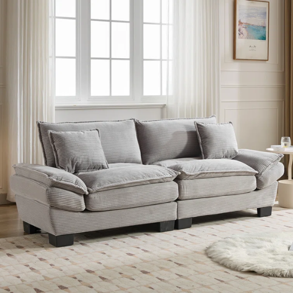 84-inch light grey corduroy loveseat with striped upholstery, pillow-top arms, and two accent pillows—modern, neutral-toned sofa ideal for living rooms, apartments, and minimalist spaces.