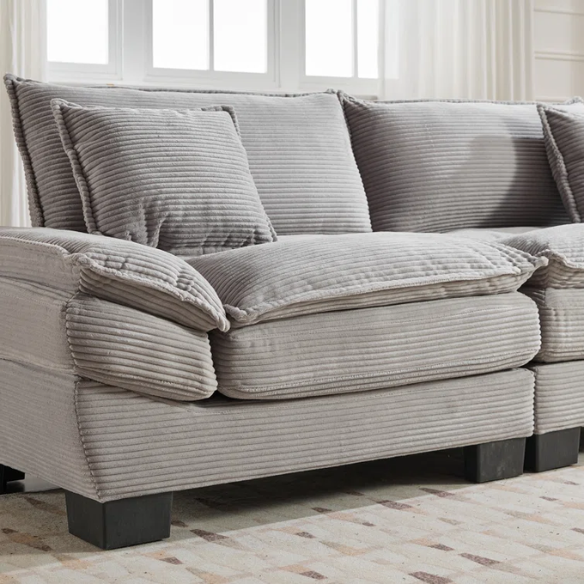 84-inch light grey corduroy loveseat with striped upholstery, pillow-top arms, and two accent pillows—modern, neutral-toned sofa ideal for living rooms, apartments, and minimalist spaces.