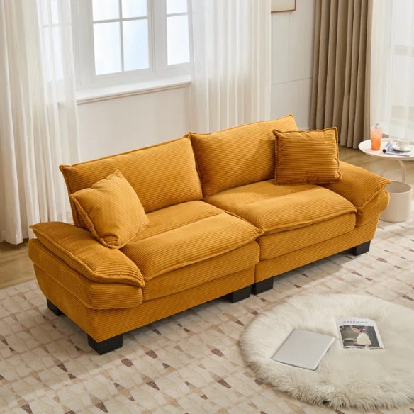 84-inch mustard yellow corduroy loveseat with striped upholstery, pillow-top arms, and two accent pillows—modern, low-profile design ideal for stylish living rooms, apartments, or creative spaces.