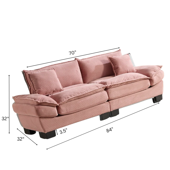 84-inch pink corduroy loveseat with striped upholstery, pillow-top arms, and two accent pillows—modern, playful design ideal for living rooms, apartments, or stylish bedrooms.
