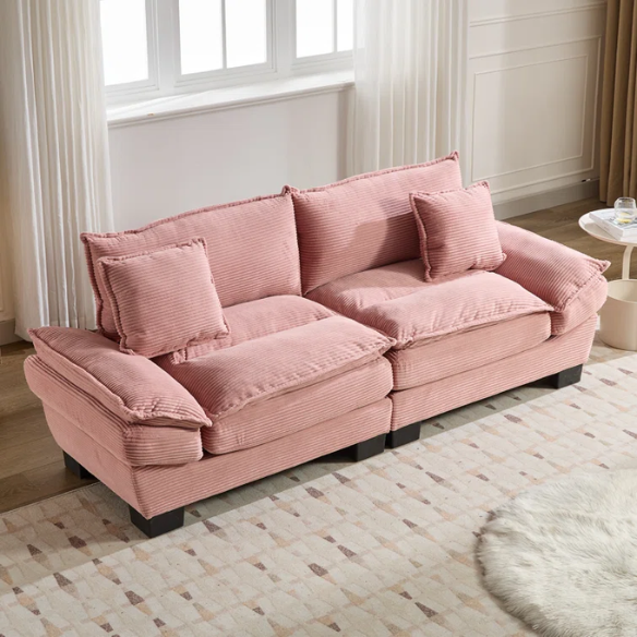 84-inch pink corduroy loveseat with striped upholstery, pillow-top arms, and two accent pillows—modern, playful design ideal for living rooms, apartments, or stylish bedrooms.