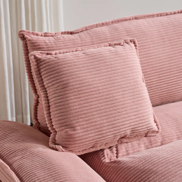 84-inch pink corduroy loveseat with striped upholstery, pillow-top arms, and two accent pillows—modern, playful design ideal for living rooms, apartments, or stylish bedrooms.