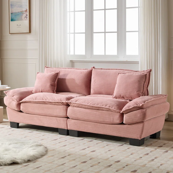 84-inch pink corduroy loveseat with striped upholstery, pillow-top arms, and two accent pillows—modern, playful design ideal for living rooms, apartments, or stylish bedrooms.