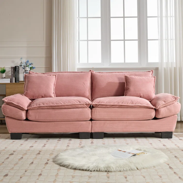 84-inch pink corduroy loveseat with striped upholstery, pillow-top arms, and two accent pillows—modern, playful design ideal for living rooms, apartments, or stylish bedrooms.