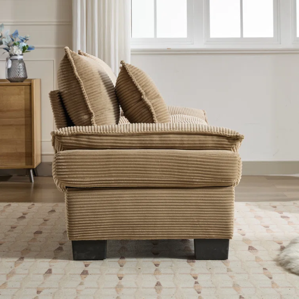 84-inch taupe corduroy loveseat with striped upholstery, pillow-top arms, and two accent pillows—neutral, low-profile design perfect for modern, minimalist, or transitional interiors.