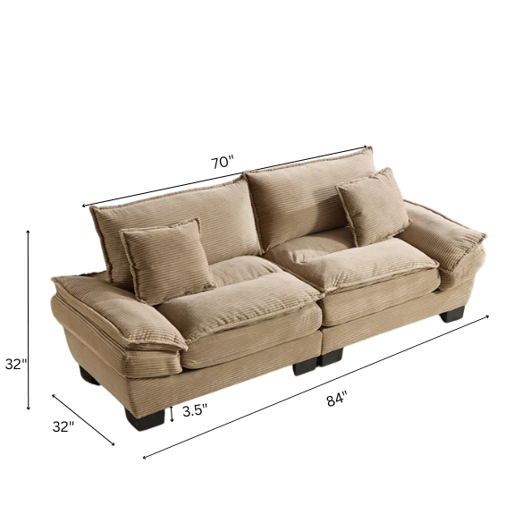 84-inch taupe corduroy loveseat with striped upholstery, pillow-top arms, and two accent pillows—neutral, low-profile design perfect for modern, minimalist, or transitional interiors.
