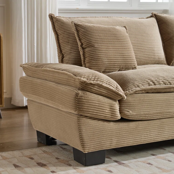 84-inch taupe corduroy loveseat with striped upholstery, pillow-top arms, and two accent pillows—neutral, low-profile design perfect for modern, minimalist, or transitional interiors.