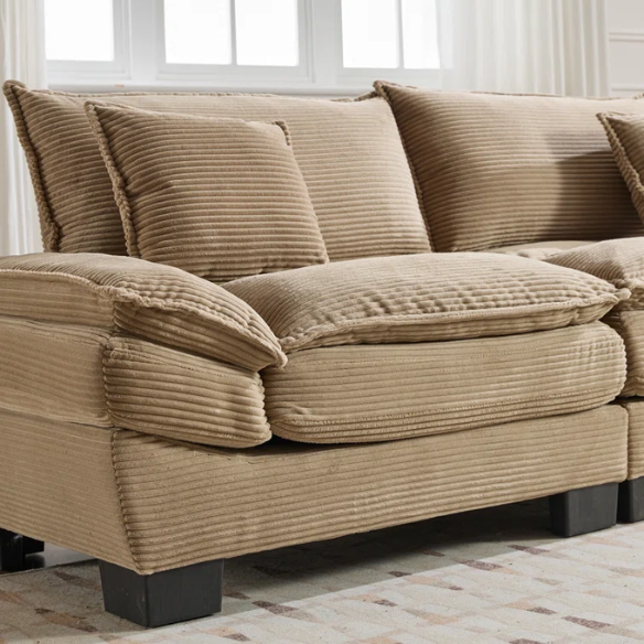 84-inch taupe corduroy loveseat with striped upholstery, pillow-top arms, and two accent pillows—neutral, low-profile design perfect for modern, minimalist, or transitional interiors.