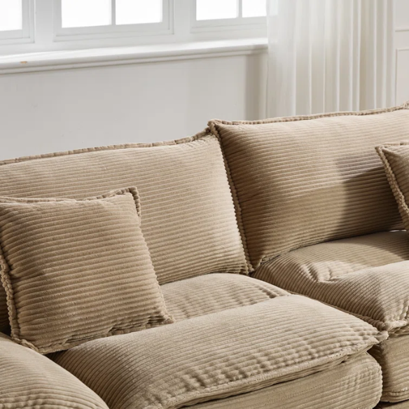 84-inch taupe corduroy loveseat with striped upholstery, pillow-top arms, and two accent pillows—neutral, low-profile design perfect for modern, minimalist, or transitional interiors.