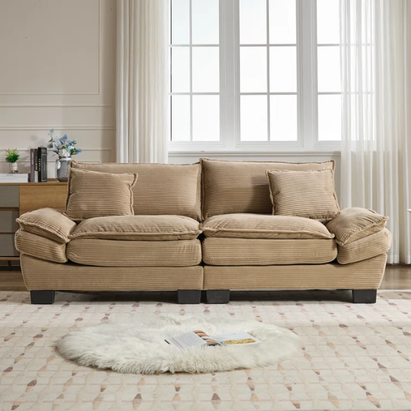 84-inch taupe corduroy loveseat with striped upholstery, pillow-top arms, and two accent pillows—neutral, low-profile design perfect for modern, minimalist, or transitional interiors.