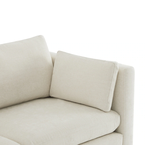 Beige five-piece modular sectional sofa with wide chenille-upholstered seats, two gas-lift storage ottomans, and reversible cushions — a modern and comfortable centerpiece for any living room.