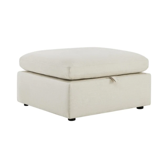 Beige five-piece modular sectional sofa with wide chenille-upholstered seats, two gas-lift storage ottomans, and reversible cushions — a modern and comfortable centerpiece for any living room.