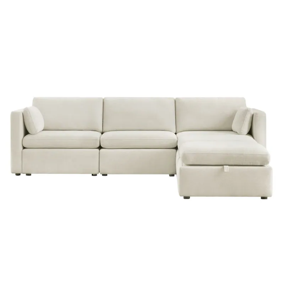 Beige five-piece modular sectional sofa with wide chenille-upholstered seats, two gas-lift storage ottomans, and reversible cushions — a modern and comfortable centerpiece for any living room.