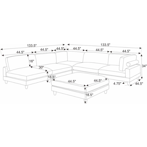Beige modular sectional sofa with corduroy upholstery, removable cushions, and matching ottoman – seats six in a modern L-shaped or U-shaped layout with solid wood legs.