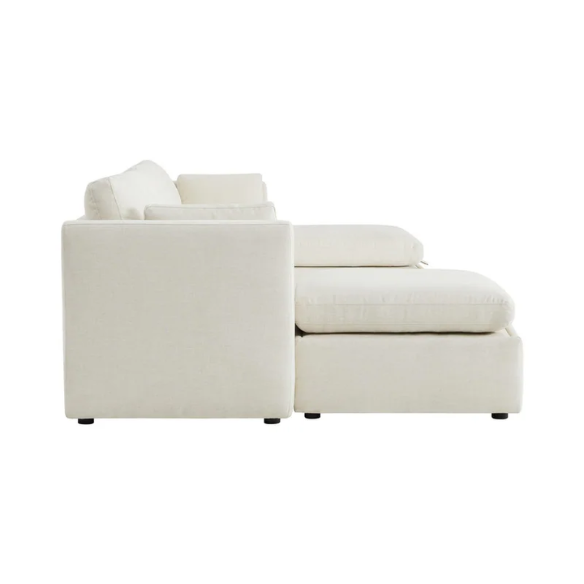 Beige six-piece modular sofa set featuring wide chenille-upholstered seats, two storage ottomans with gas-lift lids, and reversible cushions — ideal for contemporary, mid-century, or transitional interiors.