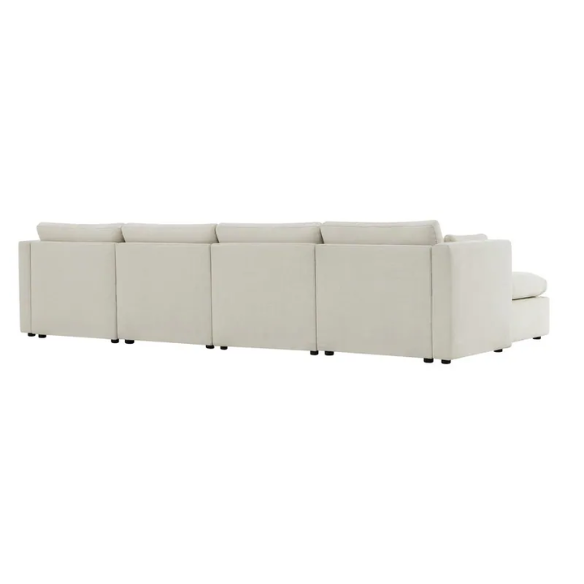 Beige six-piece modular sofa set featuring wide chenille-upholstered seats, two storage ottomans with gas-lift lids, and reversible cushions — ideal for contemporary, mid-century, or transitional interiors.