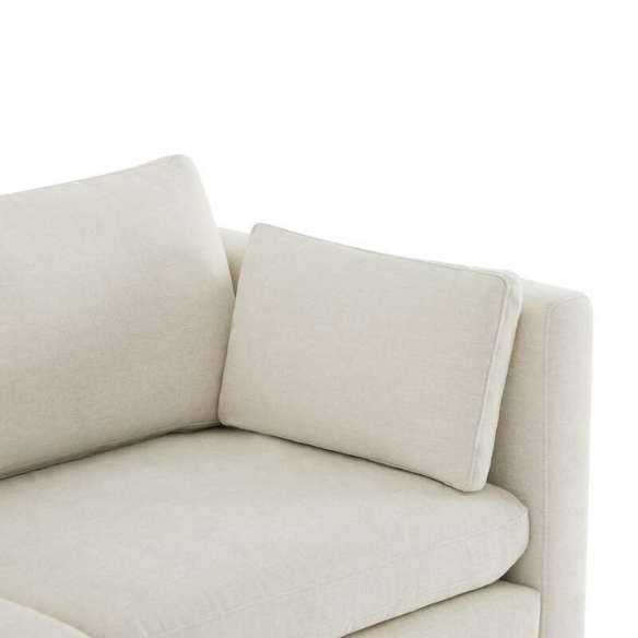 Beige six-piece modular sofa set featuring wide chenille-upholstered seats, two storage ottomans with gas-lift lids, and reversible cushions — ideal for contemporary, mid-century, or transitional interiors.