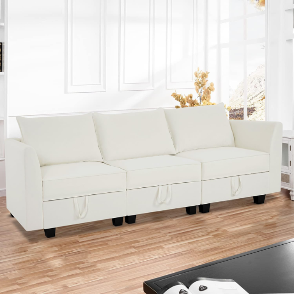 Cream white 3-piece modular sofa with built-in storage and deep seating, perfect for small apartments and modern living spaces.