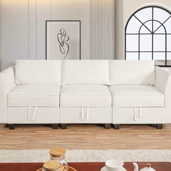 Cream white 3-piece modular sofa with built-in storage and deep seating, perfect for small apartments and modern living spaces.