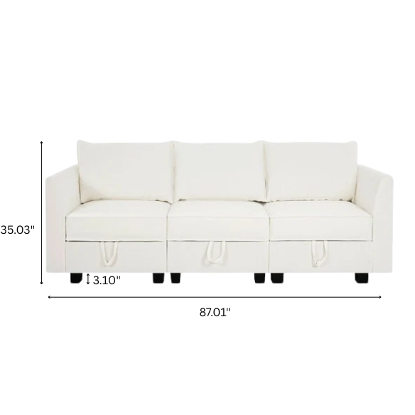 Cream white 3-piece modular sofa with built-in storage and deep seating, perfect for small apartments and modern living spaces.