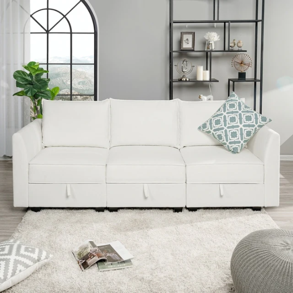Cream white 3-piece modular sofa with built-in storage and deep seating, perfect for small apartments and modern living spaces.