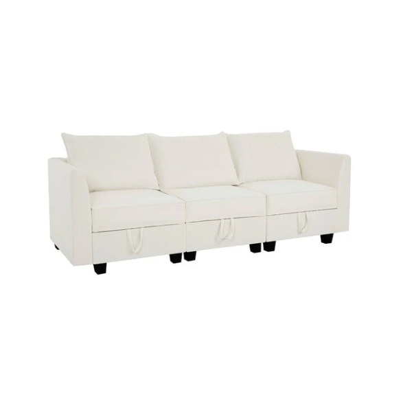 Cream white 3-piece modular sofa with built-in storage and deep seating, perfect for small apartments and modern living spaces.
