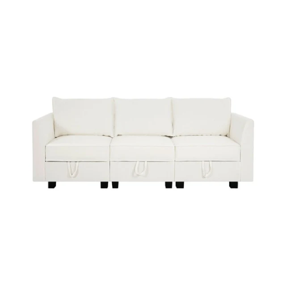 Cream white 3-piece modular sofa with built-in storage and deep seating, perfect for small apartments and modern living spaces.