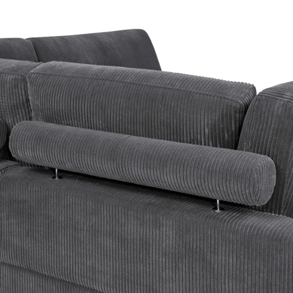 Dark grey modular sectional sofa with soft corduroy upholstery, matching ottoman, and removable cushions — seats six with flexible L- or U-shaped configurations.