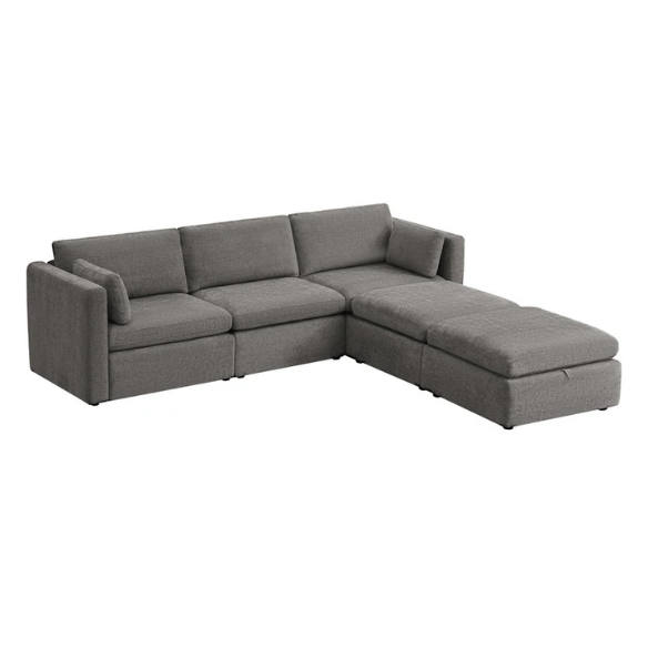 Dark grey five-piece modular sectional sofa with wide chenille-upholstered seats, two gas-lift storage ottomans, and reversible cushions — perfect for flexible and modern living spaces.