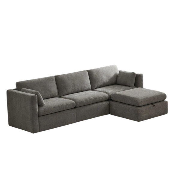 Grey four-piece modular sofa set with wide seats, soft chenille upholstery, removable cushions, and a storage ottoman — ideal for modern, versatile living spaces.
